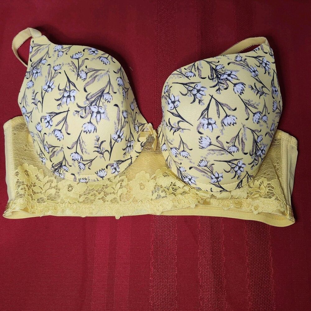 Daisy Fuentes Floral Print Underwire Contour Bra Yellow Lace Trim Womens 38C